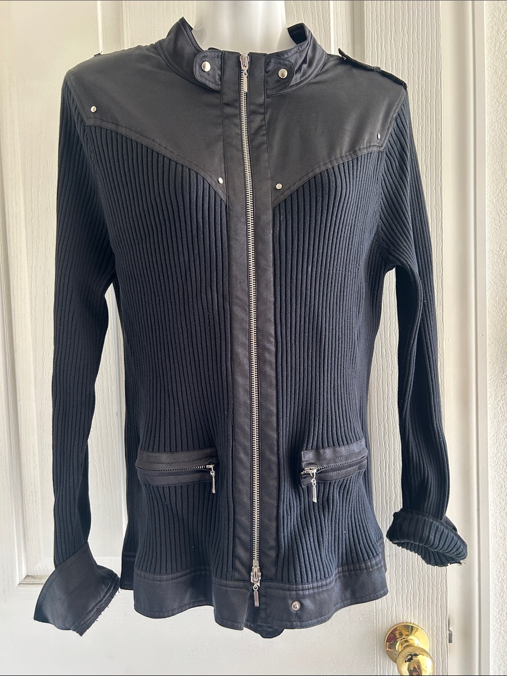 Women's Mixed Media Black Ribbed Zip-Up Utility Jacket